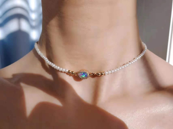オパール パール 人工 チョーカーネックレス レースネックレス 真珠 ロマンチック キラキラ 3枚目の画像