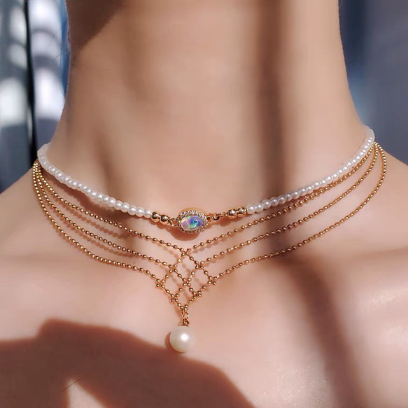 オパール パール 人工 チョーカーネックレス レースネックレス 真珠 ロマンチック キラキラ 1枚目の画像