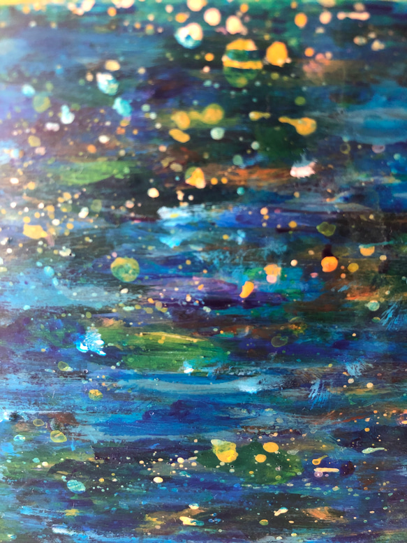 原画「黄金色とアンティークブルーの夕焼け」空　アートパネル　光のシャワー　空と海の絵　　アクリル画　インテリア　アート 3枚目の画像