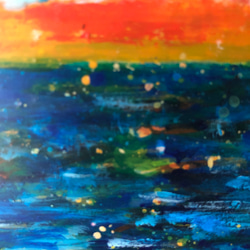 原画「黄金色とアンティークブルーの夕焼け」空　アートパネル　光のシャワー　空と海の絵　　アクリル画　インテリア　アート 11枚目の画像