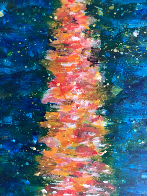 原画「黄金色とアンティークブルーの夕焼け」空　アートパネル　光のシャワー　空と海の絵　　アクリル画　インテリア　アート 8枚目の画像