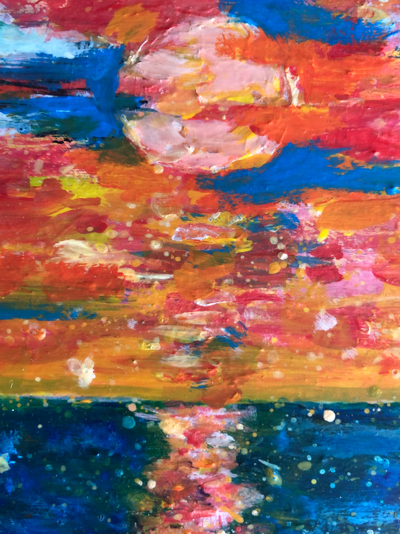 原画「黄金色とアンティークブルーの夕焼け」空　アートパネル　光のシャワー　空と海の絵　　アクリル画　インテリア　アート 7枚目の画像