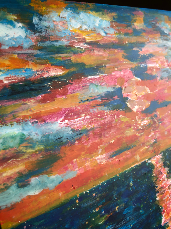 原画「黄金色とアンティークブルーの夕焼け」空　アートパネル　光のシャワー　空と海の絵　　アクリル画　インテリア　アート 5枚目の画像