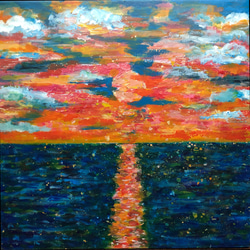 原画「黄金色とアンティークブルーの夕焼け」空　アートパネル　光のシャワー　空と海の絵　　アクリル画　インテリア　アート 6枚目の画像