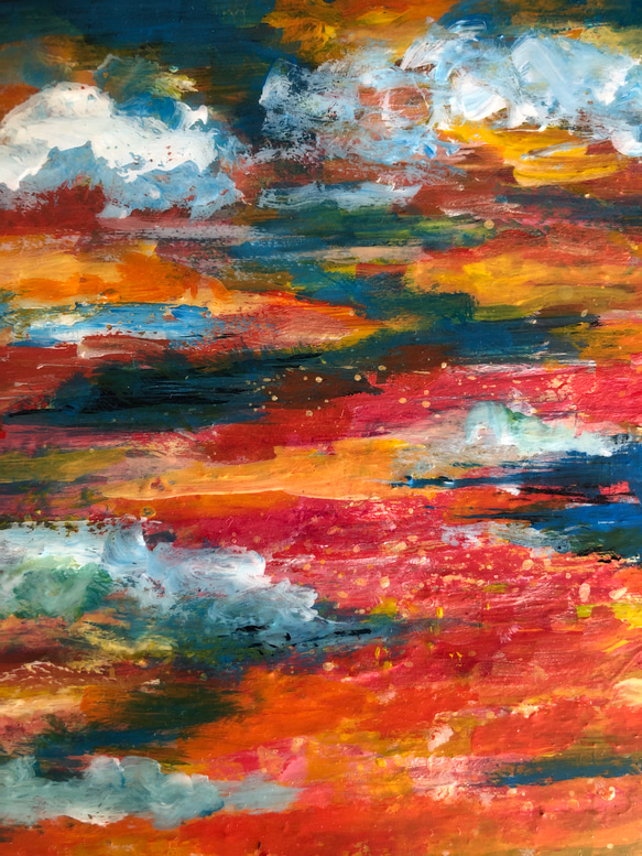 原画「黄金色とアンティークブルーの夕焼け」空　アートパネル　光のシャワー　空と海の絵　　アクリル画　インテリア　アート 12枚目の画像