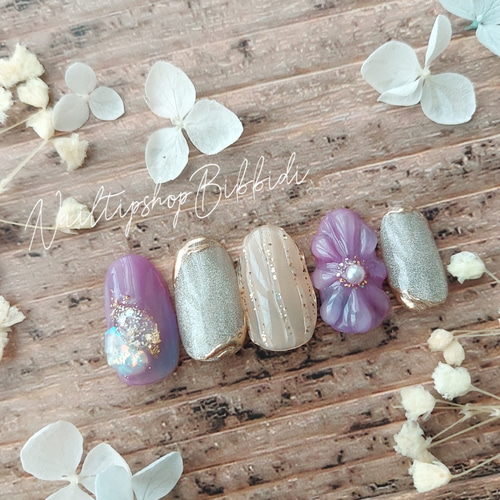 パープルぷっくりフラワーネイル ネイルチップ（つけ爪） Nailtipshop  
