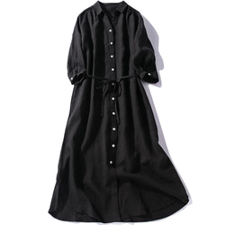 ぎど　ワンピース　Lサイズ　黒の長袖ワンピース（紐でしばる物） 8分袖シャツワンピース リネンワンピース ウエストに紐 ブラック SML3