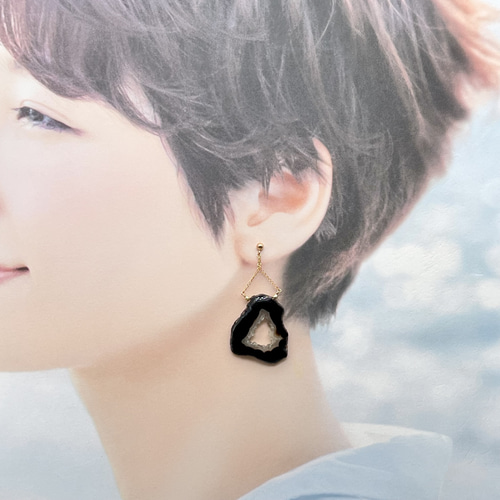 14kgf ドゥルージーアゲート ジオード スライス ピアス ブラック