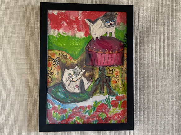 絵画 。壁掛け絵原画【ヨーロッパのバラガーデンでいたずらに遊んでいる2匹の猫】 絵画 アカザ麦 通販｜Creema(クリーマ)