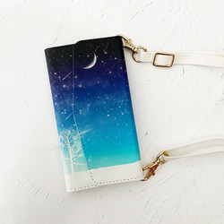 冬季星空三折筆記本型智能手機殼帶肩帶/月亮 iPhone14 第2張的照片