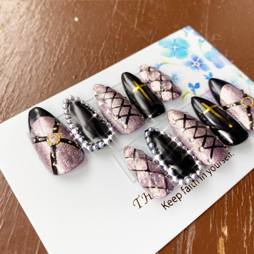 紫 パープル 量産型 地雷 ガーリー ネイルチップ 病み 黒 ブラック