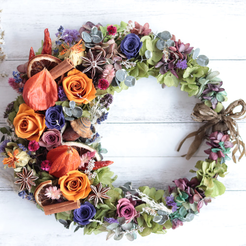 ハロウィン後も飾れる2wayリース】秋の収穫祭リース＊三日月型