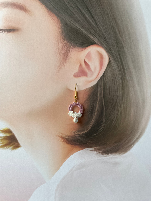 ふわふわレースの花編みピアス.イヤリング 6枚目の画像