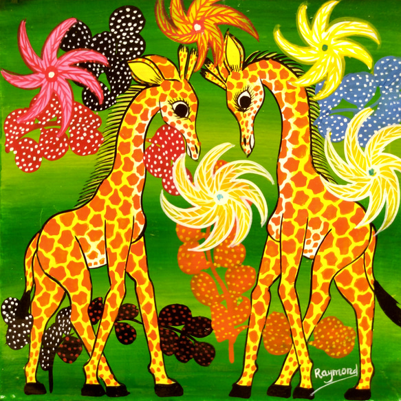一番人気物 アフリカ絵画『 Giraffs & flowers 2 』ティンガティンガ by 絵画