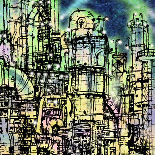 工場萌え」コンビナート 夜景 ライトアップ イラスト イラスト kura