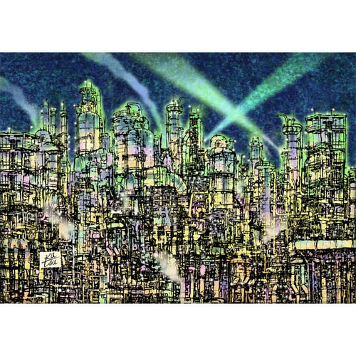 工場萌え」コンビナート 夜景 ライトアップ イラスト イラスト kura