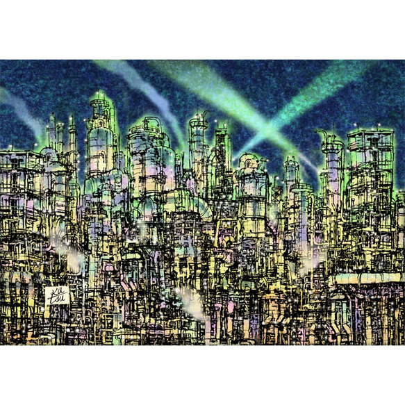 工場萌え」コンビナート 夜景 ライトアップ イラスト イラスト kura