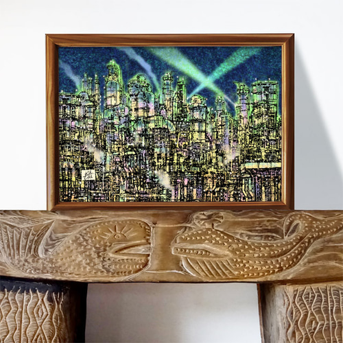 工場萌え」コンビナート 夜景 ライトアップ イラスト イラスト kura