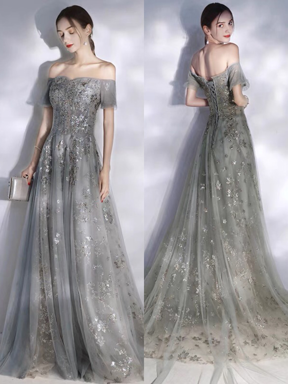 オフショルダー ダークグレービジュードレス ドレス ウララ--1000着  