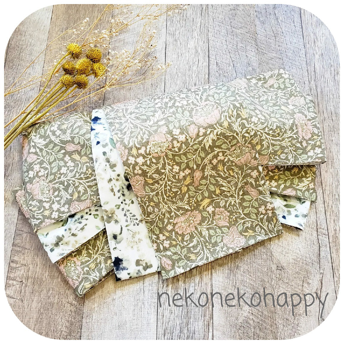 ⭐送料無料⭐半幅帯 ダスティピンクの花とドライフラワー／緑 白 ベージュ 花柄