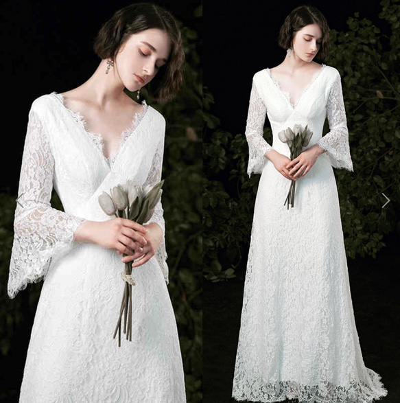 Vネック 総レース フレア袖 ウエディングドレス ドレス ウララ--1000着  