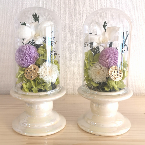 プリザーブドフラワー ＊ガラスケース対 輪菊 蓮&タッセル ＊ 仏花