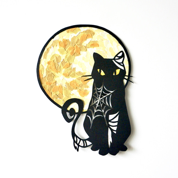 受注生産【切り絵×ちぎり絵】Halloween -ﾊﾛｳｨﾝｾｯﾄｰカボチャ　黒猫　おしゃれ 原画アート 7枚目の画像