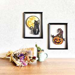 受注生産【切り絵×ちぎり絵】Halloween -ﾊﾛｳｨﾝｾｯﾄｰカボチャ　黒猫　おしゃれ 原画アート 1枚目の画像