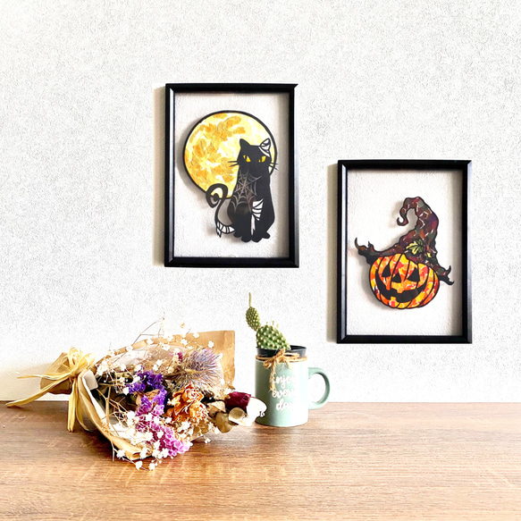 受注生産【切り絵×ちぎり絵】Halloween -ﾊﾛｳｨﾝｾｯﾄｰカボチャ 黒猫