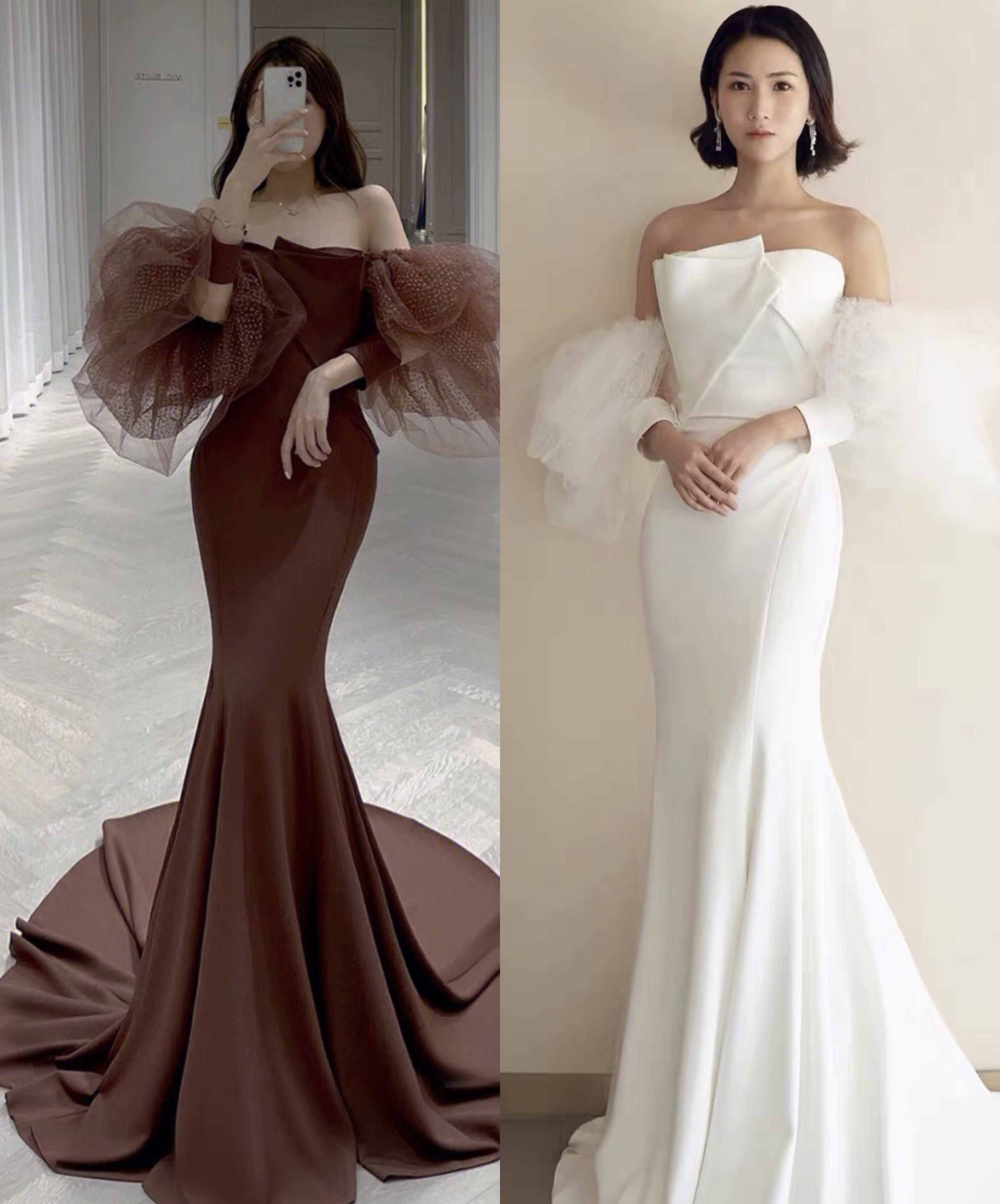 ボリューム袖 パール キラキラ ウェディングドレス マーメイド