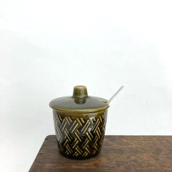 ビンテージミニポット　ソース入れ 器　オリーブ色陶器　pole社　イギリスプールポッタリー　小さな器 調味料入れ　 2枚目の画像