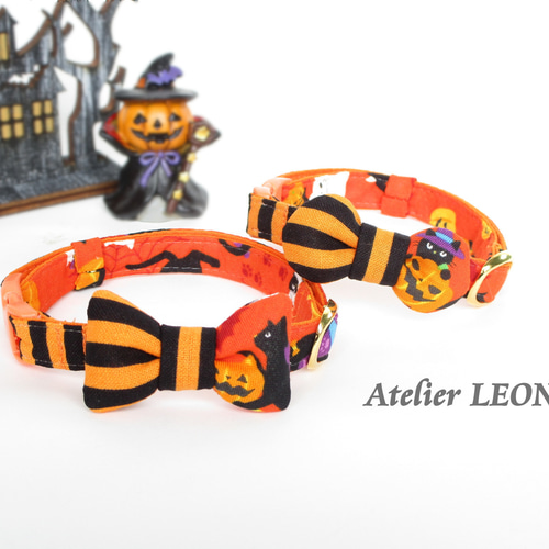 ハロウィン、ストライプアリス(ブラック)わんちゃん猫ちゃん用首輪 猫用&犬用襟型ペット首輪&帽子セット☆ハロウィン☆ネコ/ワンちゃん