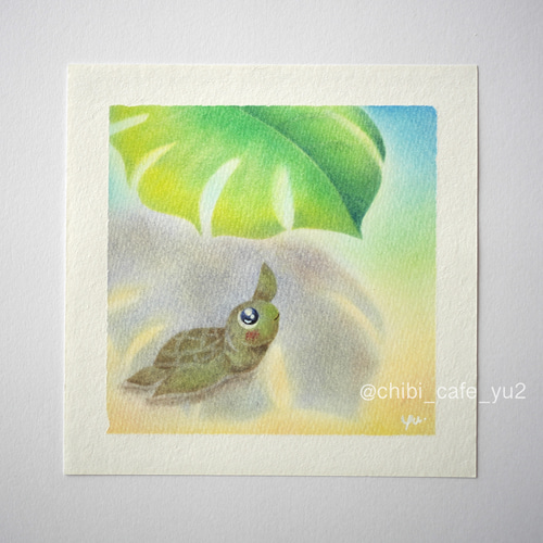 原画】「モンステラの下でおやすみ中のウミガメさん」 パステルアート