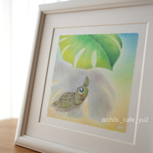 原画】「モンステラの下でおやすみ中のウミガメさん」 パステルアート