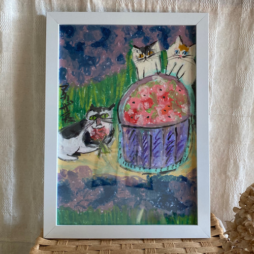 絵画 。壁掛け絵原画手描き【きれいな庭で花を採集した3匹の猫