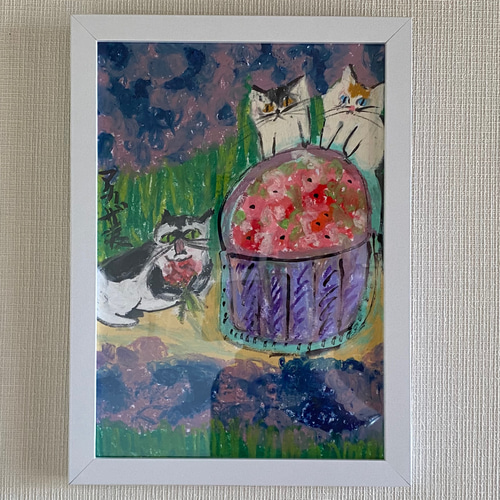 絵画 。壁掛け絵原画手描き【きれいな庭で花を採集した3匹の猫ちゃん