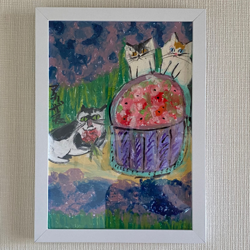 絵画。壁掛け絵原画手描き【ソファーの上の猫たちのシャンパンと青リンゴパーティー】