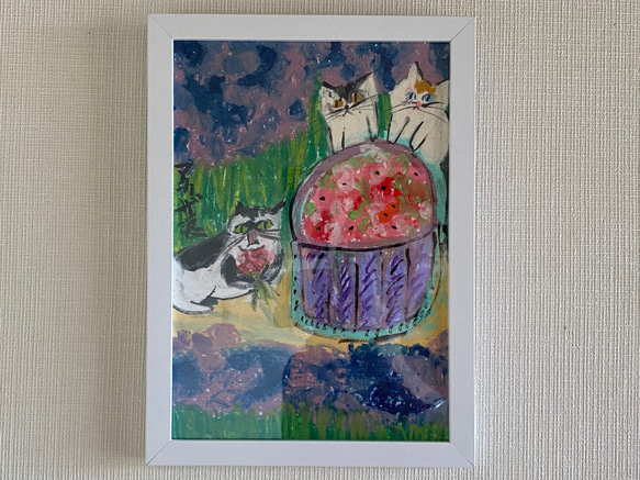 絵画 。壁掛け絵原画【庭で蝶を捕まえたり、楽しく会食したりして遊ぶ猫たち】 絵画 。壁掛け絵原画【庭で蝶を捕まえたり、楽しく会食したりし