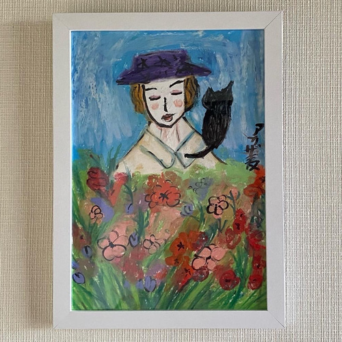 絵画。壁掛け絵原画手描き【猫たちは花が咲いた庭で演奏会を開く】 絵画 。壁掛け絵原画手描き【きれいな庭で花を採集した3匹の猫