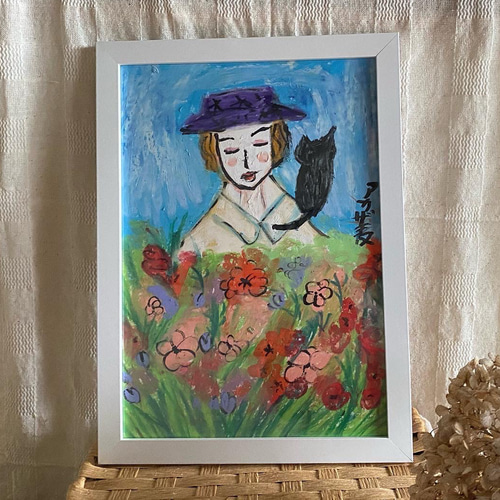 絵画 。壁掛け絵原画手描き【花畑を散歩するかわいい女の子と黒猫
