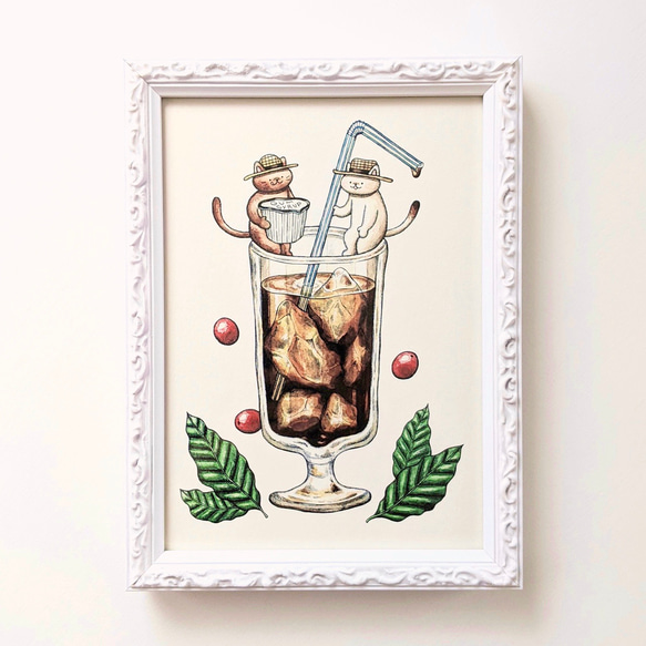 2L 猫とアイスコーヒー アートプリント/イラスト複製画 イラスト