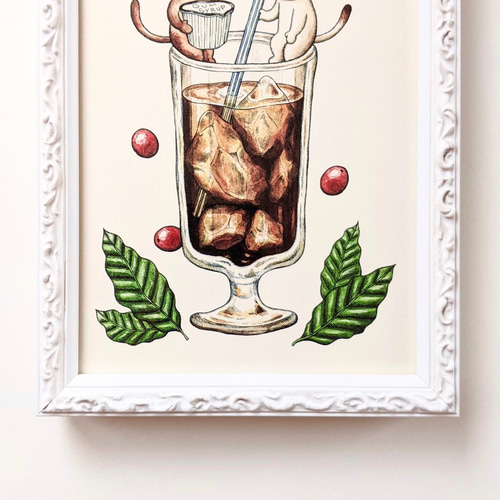 『3年保証』 2L イラスト アートプリント/イラスト複製画 猫とアイスコーヒー 絵画