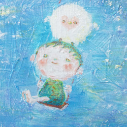 【虹とブランコ】＃原画＃イラスト＃ヒーリングアート＃キャンバス＃癒し＃絵画＃子供＃男の子＃虹＃フクロウ＃ほんわか 2枚目の画像