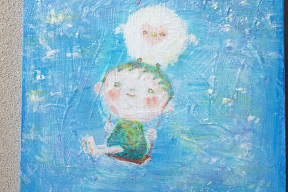 【虹とブランコ】＃原画＃イラスト＃ヒーリングアート＃キャンバス＃癒し＃絵画＃子供＃男の子＃虹＃フクロウ＃ほんわか 2枚目の画像