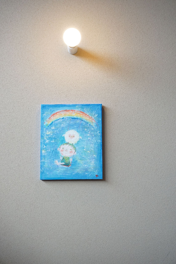 【虹とブランコ】＃原画＃イラスト＃ヒーリングアート＃キャンバス＃癒し＃絵画＃子供＃男の子＃虹＃フクロウ＃ほんわか 5枚目の画像