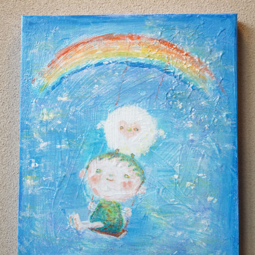 【ハーモニー】絵画 原画 子ども 平和 愛 笑顔 調和 ヒーリングアート 虹 虹とブランコ】＃原画＃イラスト＃ヒーリングアート＃キャンバス＃癒し