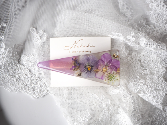 2500円 押し花 バレッタ あじさい ビオラ お花 クリップ バレッタ ビオラ 押し花 紫陽花 ドライフラワー