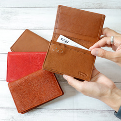 チェック柄レザー名刺入れ レンガブラウン】本革×ギンガムチェック柄裏地 オッドアイ ネコ 大容量