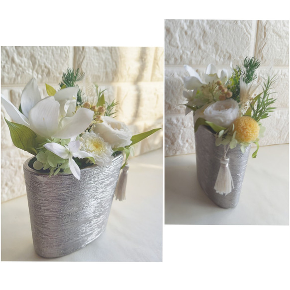 ■仏花　お供え花・お悔み花■『prière fleur』 シルバー・陶器ベース  アレンジメント（ホワイト系）(1点） 5枚目の画像