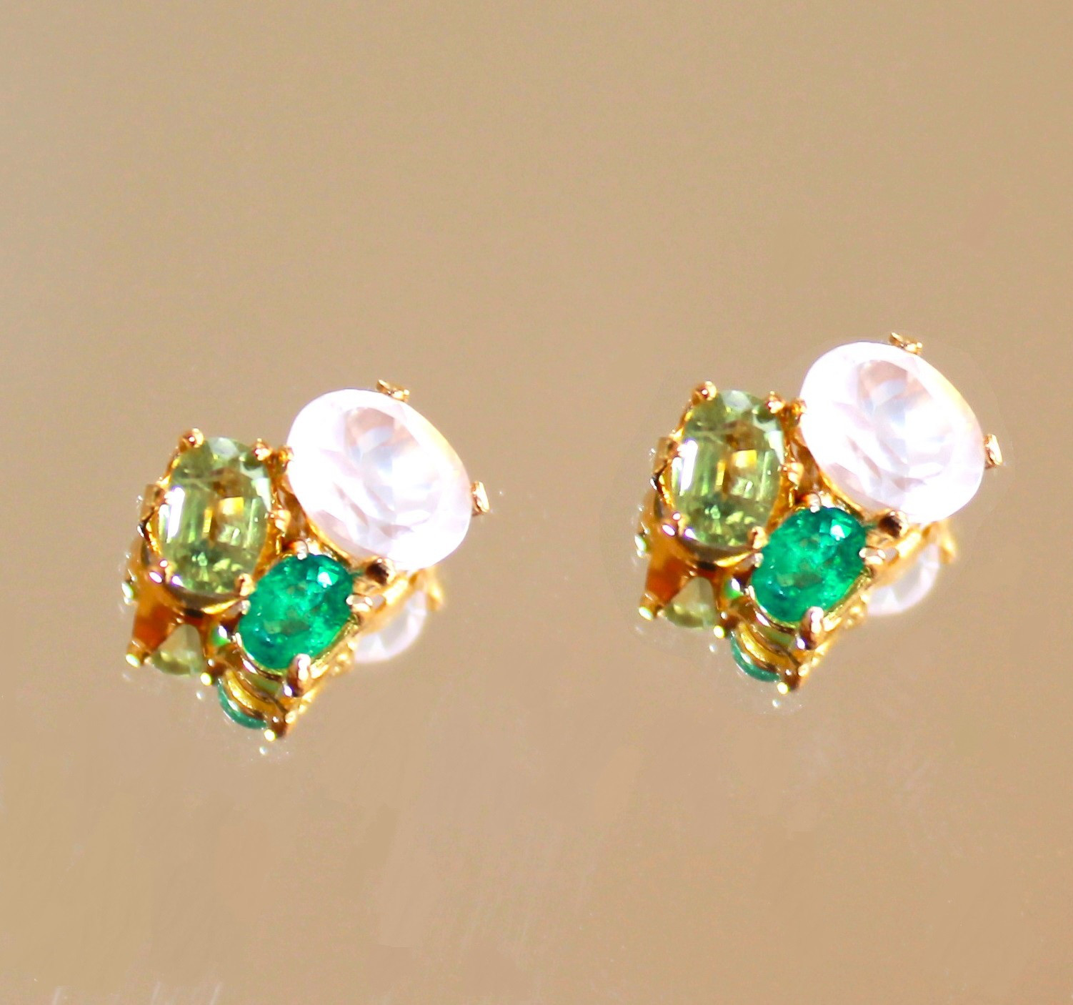Color Sapphire & Emerald & Rose Quartz Earrings/Pierce